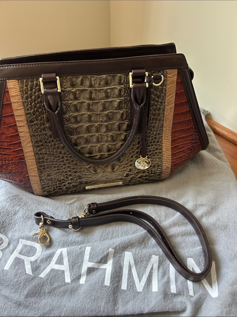 Brahmin Olive, Rust & Brown Croc-Embossed Satchel - Picture 11 of 11